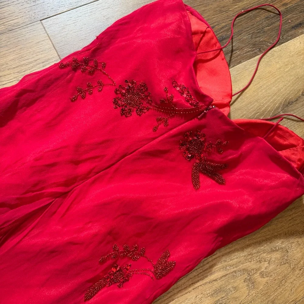 Vintage Y2K 100% Silk Beaded Dress Vintage Beaded Dress Red Fairy Prom Silk Gown - Picture 15 of 16
